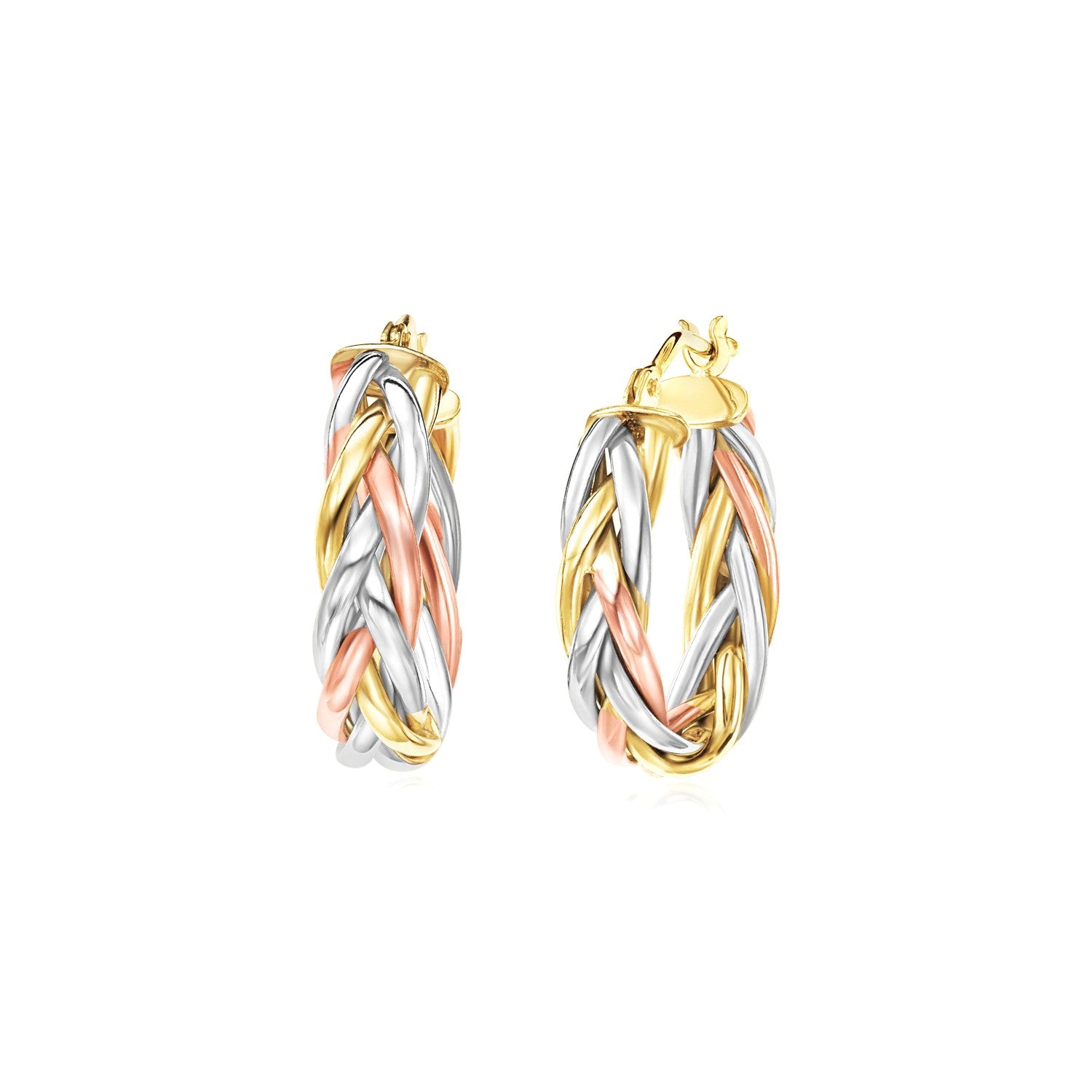 Ladies 14K Rose Yellow and White Gold Tri-Color Hoop Earrings